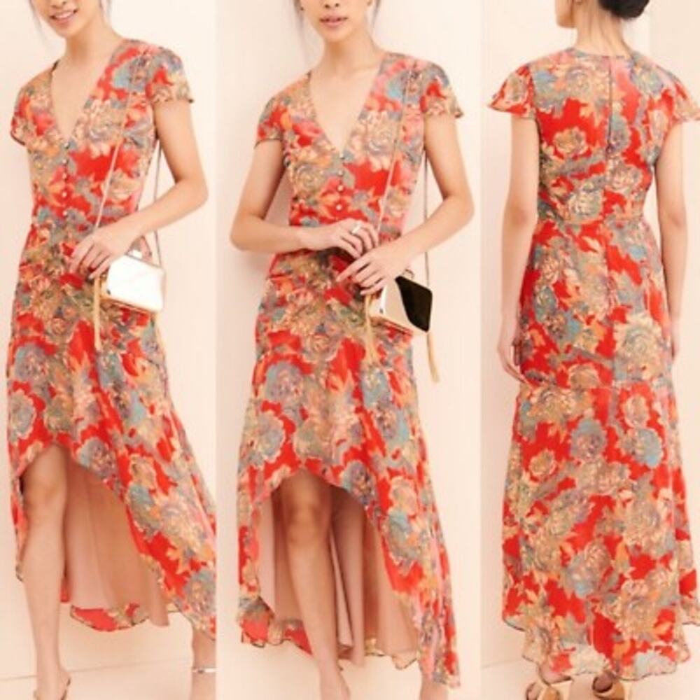 Harlyn Floral High Low Velvet Burnout Ruched Button Detail Dress Size Medium EUC